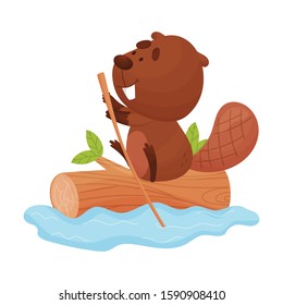 Funny Beaver Sailing Down the River Vector Illustration