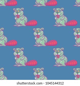 Funny beaver seamless pattern. Cartoon style pattern design.