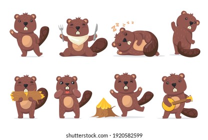 Funny beaver set. Cute cartoon woodchuck waving hello, eating wood, sleeping, dancing in different poses. Vector illustration for wildlife, animal, nature concept