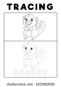 Funny Beaver Tracing Book with Example. Preschool worksheet for practicing fine motor skill. Vector Animal Cartoon Illustration for Children.