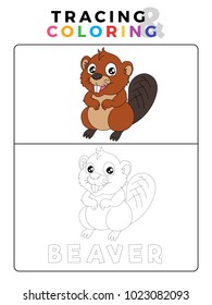 Funny Beaver Tracing and Coloring Book with Example. Preschool worksheet for practicing fine motor and colors recognition skill. Vector Animal Cartoon Illustration for Children.