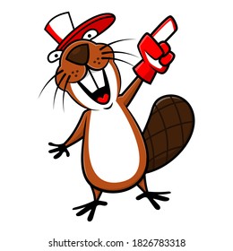 Funny Beavers Cartoon Character wearing a cap and yelling with cheering gloves, best for sport club mascot, Vector