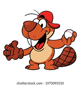 Funny beavers cartoon characters wearing baseball cap and baseball gloves while catching a ball, suitable for mascot of club for college or school baseball tournament