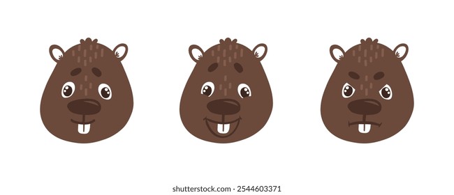 Funny beaver's facial expressions various emotions, flat simple vector illustration