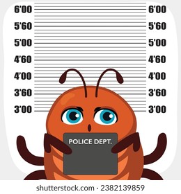 Funny Bed Bug Character On Police Mugshot Vector Cartoon Illustration. Abstract concept of controlling insect infestation