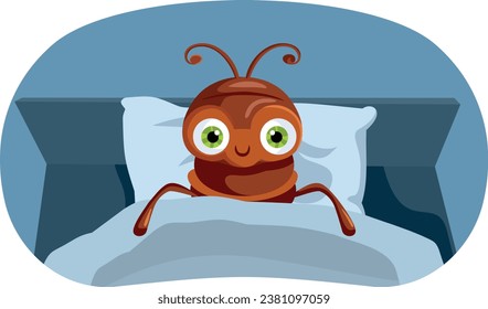 Funny Bed Bug Charakter Bereit für schlafende Vektorgrafik Illustration. mit Schädlingsbefall infizierte Hotelzimmerbetten 
