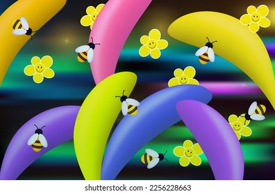 Funny bee apiary. A swarm of insects gathers nectar together. Bee family in a meadow with grass and flowers. Colorful nature, environment, insect pollinates the flowers. Vector 3d illustration.