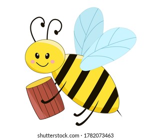Funny bee with a barrel of honey. Vector on a white background isolate.