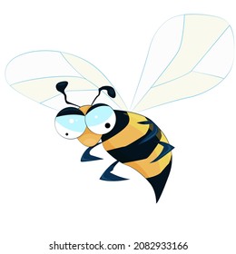 A funny bee with big eyes and crumpled antennae. Flat vector illustration isolated on white background