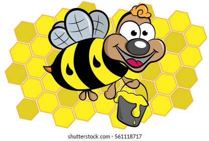 Funny bee with bucket full of honey on honeycomb background