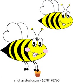 A funny bee with a bucket on a white background, isolated. Vector illustration  in a doodle style.