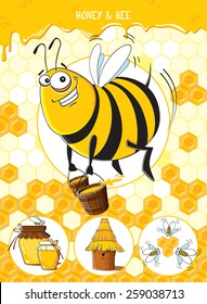 Funny bee with buckets of honey on honeycomb background