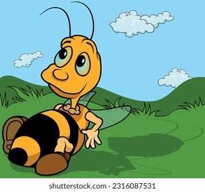 Funny Bee or Bumblebee Lying on its Back - Colored Cartoon Illustration with Background, Vector