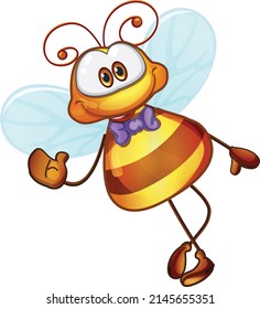 Funny bee. It can become the main character in your story. Cheerful, loving, romantic. In different poses and from different angles. Waving hand. Vector graphics.