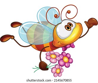 Funny bee. It can become the main character in your story. Cheerful, loving, romantic. In different poses and from different angles. Waving hand. Flowers for your beloved bee. Vector graphics.
