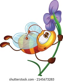 Funny bee. It can become the main character in your story. Cheerful, loving, romantic. In different poses and from different angles. Saved from strong winds. Hold on to the stem. Vector graphics.