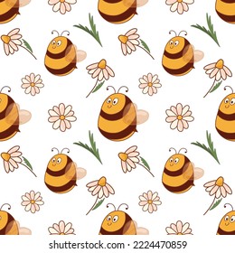 Funny bee and chamomile. Vector seamless pattern 