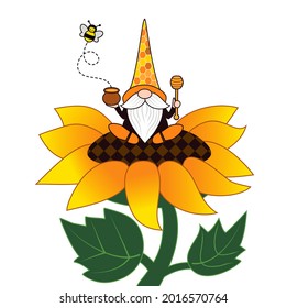 Funny bee and cute summer gnome with a wooden spoon and honey pot sitting on a sunflower. Isolated vector illustration in cartoon style. Garden decor.
