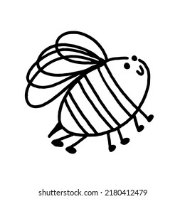 Funny bee in doodle style. Hand drawn cute flying insect vector illustration.