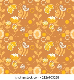 Funny bee flies over the flowers. Seamless pattern. Vector.