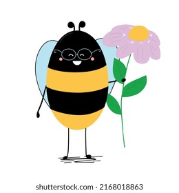 Funny bee with a flower. Concept of spring, congratulations, cards. Illustration in cartoon style, hand-drawn with bright lines.  Vector illustration