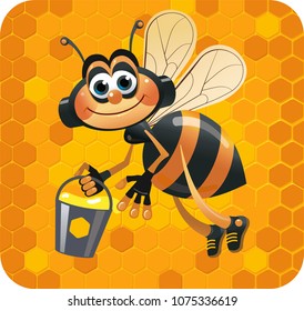 Funny bee flying with bucket of honey