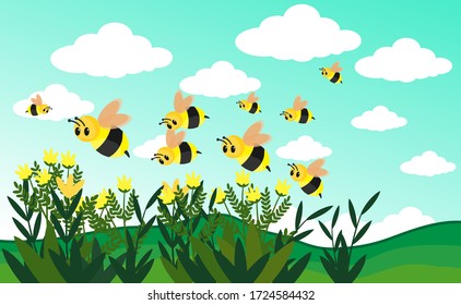 Funny bee flying over a meadow. Swarm, looking for flowers and nectar