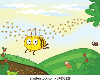 Funny bee flying over a meadow. Swarm. Different insects sitting on leaves.