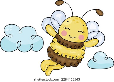 Funny bee flying in the sky with clouds
