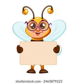 Funny bee with glasses holding a blank sheet with space for your text. Clipart. Cartoon character	
