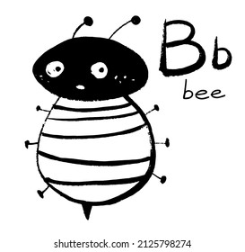 Funny bee. Handwritten uppercase and lowercase letters Bb. Black and white vector illustration. Cute character in cartoon style. English alphabet.