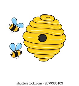 funny bee and hive hand drawn in cartoon style