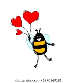Funny bee holding balloons .Simple hand drawn vector illustration. Concept congratulations on birthday, father's day, mother's day and other holidays.
