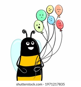 Funny bee holding balloons .Simple hand drawn vector illustration. Concept congratulations on birthday, father's day, mother's day and other holidays.