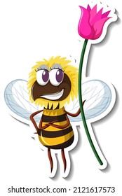 Funny bee holding a flower cartoon character sticker illustration