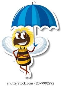 Funny bee holding umbrella cartoon sticker illustration