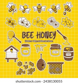 Funny Bee Honey Sticker Clipart Illustrations Set Printable