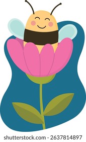 Funny bee inside a pink flower. Summer llustration of cute smiling bumblebee. 