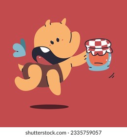 Funny bee with jar of honey vector cartoon character isolated on background.