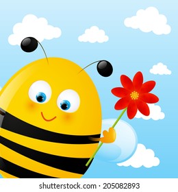 Funny bee on sky background