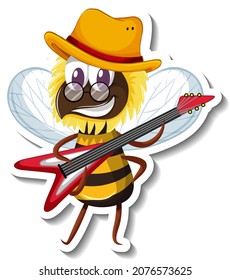 Funny bee playing guitar cartoon sticker illustration
