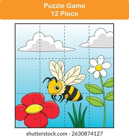 Engraçado abelha. Jogos de quebra-cabeça para crianças. 12 peças. Educação infantil. Ilustração vetorial