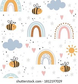 Funny Bee And Rainbow Seamless Pattern