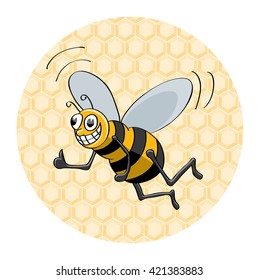 Funny Bee Smiling and Flying with Thumb Up in Front of the Honey Cartoon Comics Style - Black Grey Orange and Yellow Objects on White Background in - Flat Design