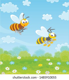 Funny bee and wasp flying over a green field with wildflowers on a pretty summer day, vector illustration in a cartoon style