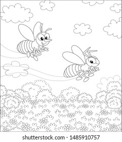 Funny bee and wasp flying over a field with wildflowers on a pretty summer day, black and white vector illustration in a cartoon style for a coloring book