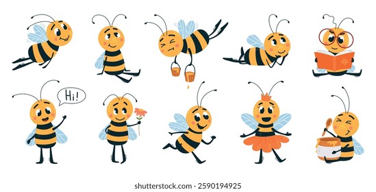 Funny bee. Wild insects in different poses. Bee read book, dancing, holding honey pot. Working and relaxing nature characters, classy vector clipart