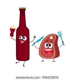 Funny beer bottle and big meat steak characters having fun, cartoon vector illustration isolated on white background. Funny smiling beer bottle and steak, piece of meat characters, good company