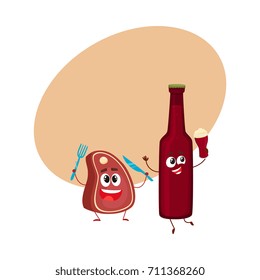 Funny beer bottle and big meat steak characters having fun, cartoon vector illustration with space for text. Funny smiling beer bottle and steak, piece of meat characters, good company
