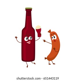 Funny beer bottle and frankfurter sausage characters having fun together, cartoon vector illustration isolated on white background. Funny smiling beer bottle making toast and sausage poiting to it